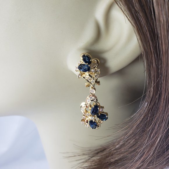 Vintage 18 Karat Yellow Gold Natural Sapphire and Diamond Dangle Earrings #10739 - Picture 7 of 8